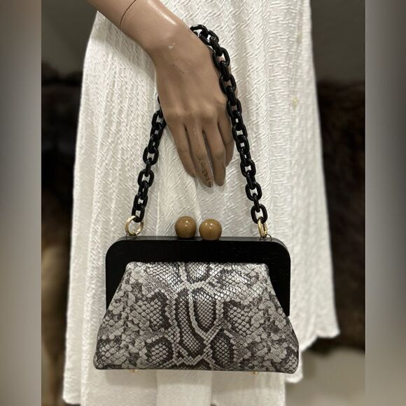 Snake Embossed Leather Handmade Wooden Frame Clutch, Wristlet, Crossbody Bag - Picture 5 of 16